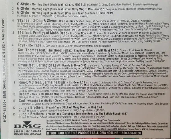 Various : BMG Dance Compilation #62 (CD, Comp, Promo)