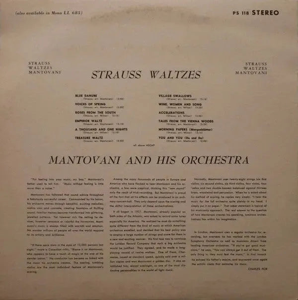 Johann Strauss Jr. / Mantovani And His Orchestra : Strauss Waltzes (LP, Album)