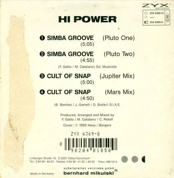 Hi Power : Simba Groove - Cult Of Snap (CD, Maxi)