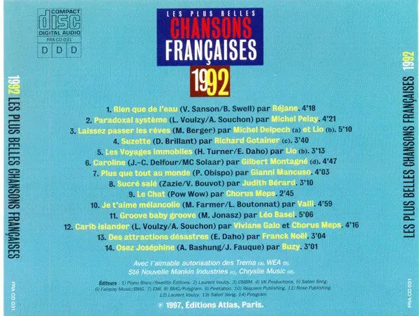 Various : Les Plus Belles Chansons Françaises - 1992 (CD, Comp)