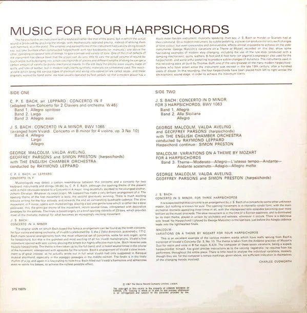 Carl Philipp Emanuel Bach, Johann Sebastian Bach, English Chamber Orchestra, Raymond Leppard : Music For 4 Harpsichords (LP, Album, RE, RP)