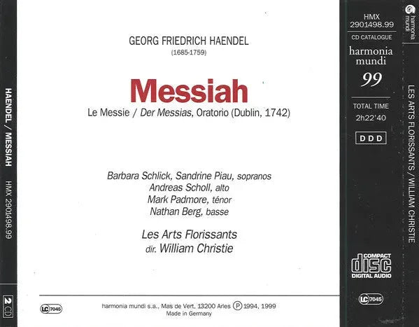 Georg Friedrich Händel - Barbara Schlick, Sandrine Piau, Andreas Scholl, Mark Padmore, Nathan Berg, Les Arts Florissants, William Christie : Messiah (2xCD, Album, RE, RP)