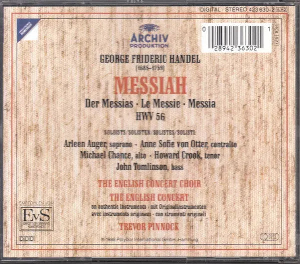 Georg Friedrich Händel, Arleen Auger, Anne Sofie Von Otter, Michael Chance, Howard Crook, John Tomlinson (2), The English Concert & The English Concert Choir, Trevor Pinnock : Messiah (2xCD, Album)