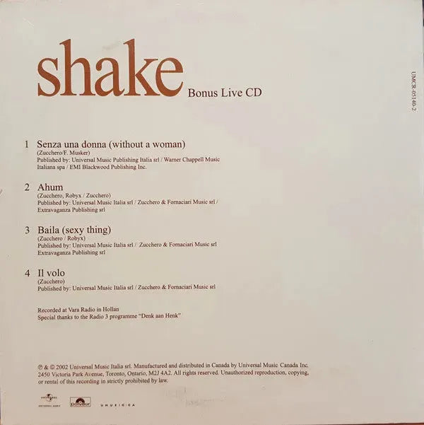 Zucchero : Shake (CD, Album, Enh, Exc + CD, Car)