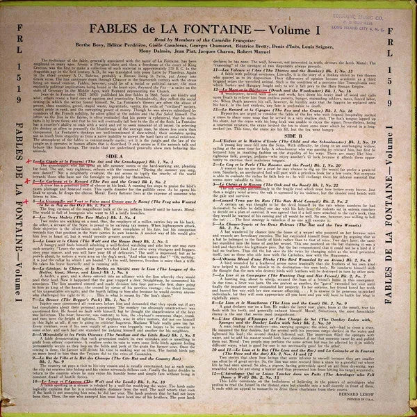 Jean De La Fontaine, Comédie-Française : Fables De La Fontaine Volume 1 (LP, Mono)