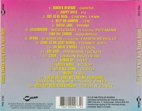 Various : Disco Dance Hits Volume 2 1977-1997 (CD, Comp, Club)