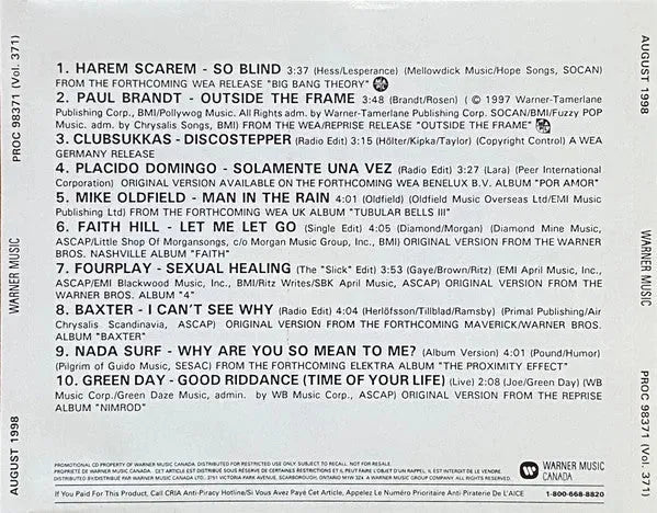 Various : Warner Music Canada Promotional CD - Volume 371 - August 1998 (CD, Comp, Promo)