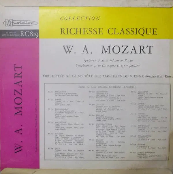 Wolfgang Amadeus Mozart, Wiener Konzertverein Dirigé Par Karl Ritter : Symphonie No 40 En Sol Mineur K 550 - Symphonie No 41 En Do Majeur K 551 "Jupiter" (LP, Album, RE)