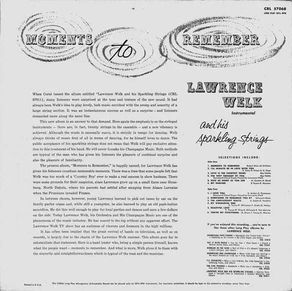 Lawrence Welk And His Sparkling Strings : Moments To Remember (LP, Album)