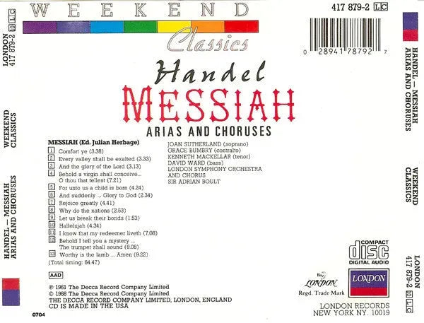 Georg Friedrich Händel : Messiah - Arias And Choruses (CD, Album, RE)