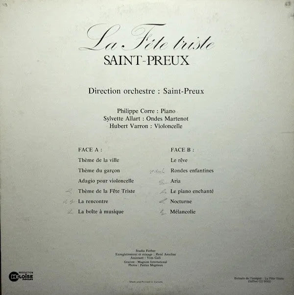 Saint-Preux : La Fête Triste (LP, Quad)