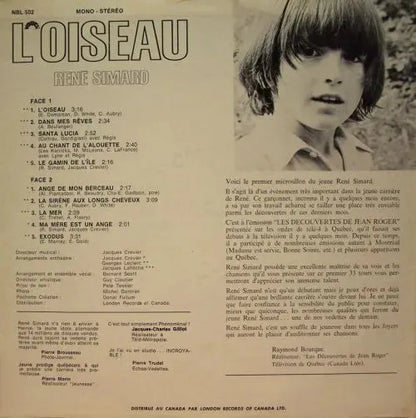 René Simard : L'Oiseau (LP, Album, Pin)