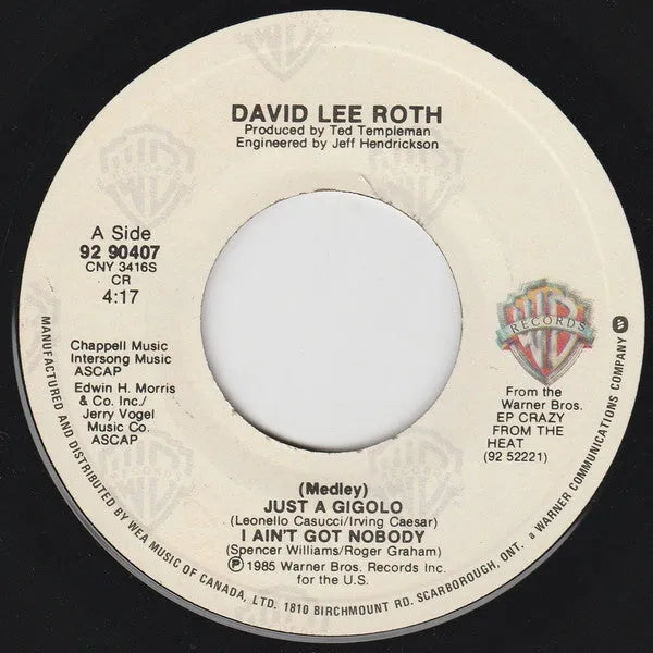 David Lee Roth : Just A Gigolo / I Ain't Got Nobody (Medley) (7", Single)