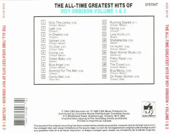 Roy Orbison : The All-Time Greatest Hits Of Roy Orbison Volume 1 & 2 (CD, Comp, Club, RE)