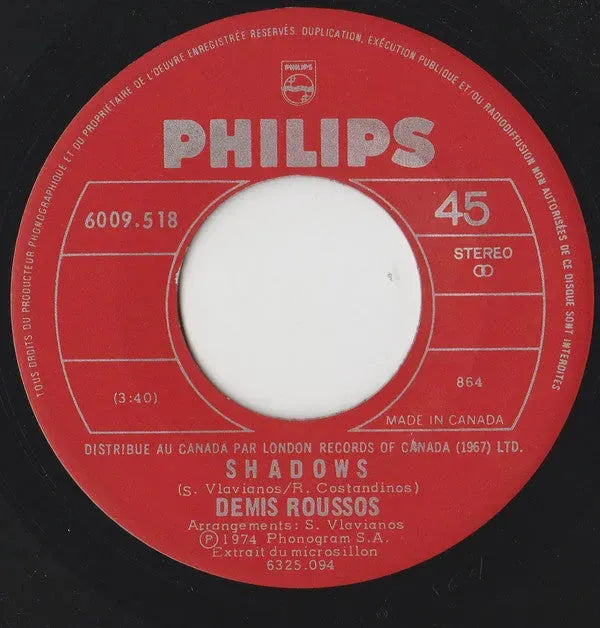 Demis Roussos : Lovely Lady Of Arcadia / Shadows (7", Single)