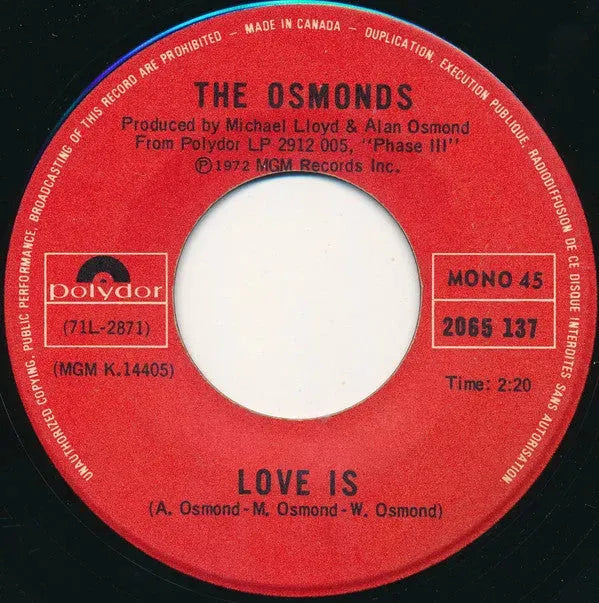 The Osmonds : Hold Her Tight / Love Is (7", Single, Mono)