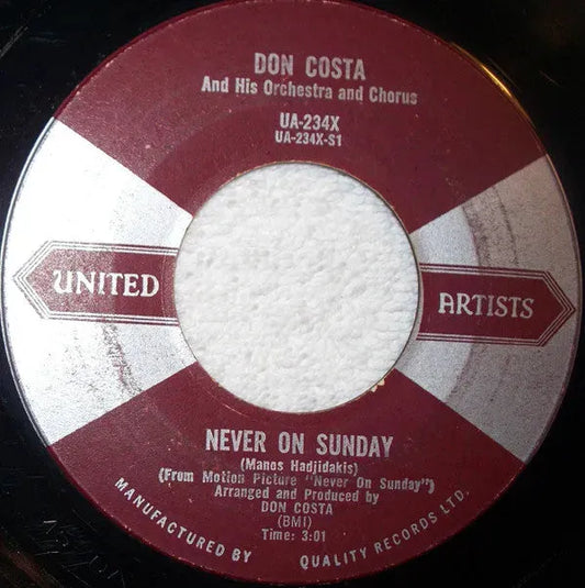 Don Costa's Orchestra And Chorus : Never On Sunday (7")