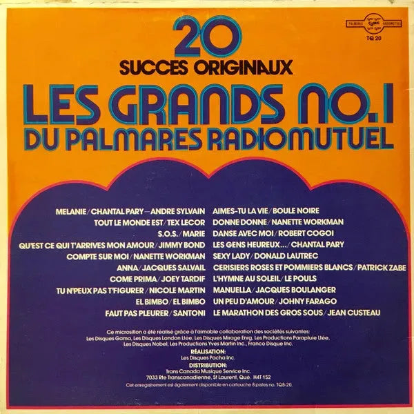 Various : Les Grands No.1 Du Palmares Radiomutuel : 20 Succès Originaux (LP, Comp)