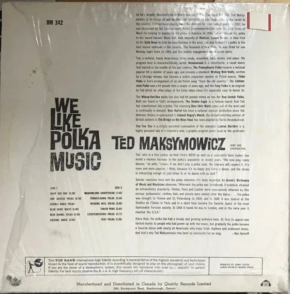 Ted Maksymowicz And His Orchestra : We Like Polka Music (LP, Album)