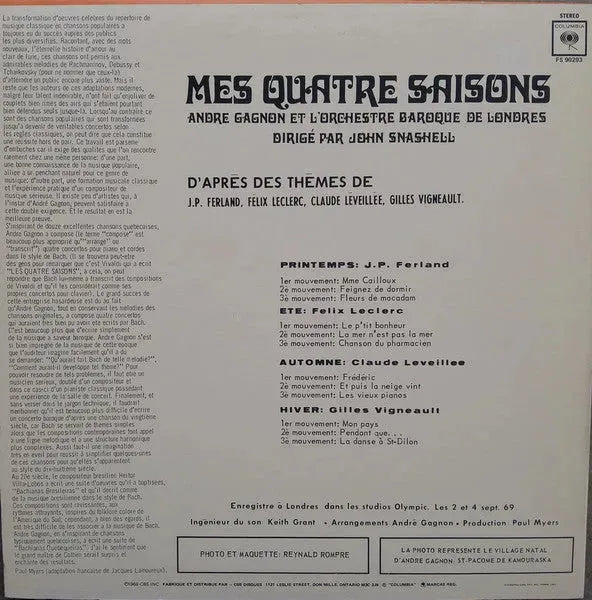 André Gagnon, Sinfonia Of London, John Snashall : Mes Quatre Saisons  (LP, Album, RE)