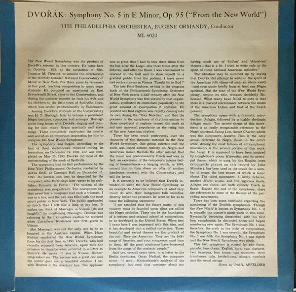 Antonín Dvořák, Eugene Ormandy, The Philadelphia Orchestra : Symphony No. 5 (LP, Mono, Blu)