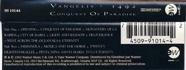 Vangelis : 1492 – Conquest Of Paradise (Music From The Original Soundtrack) (Cass, Album, Dol)