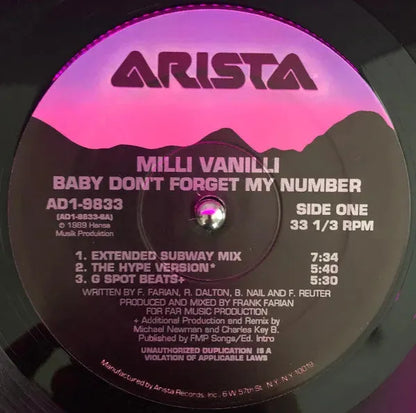 Milli Vanilli : Baby Don't Forget My Number (12", Single)