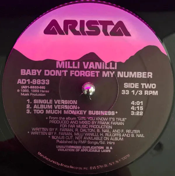 Milli Vanilli : Baby Don't Forget My Number (12", Single)