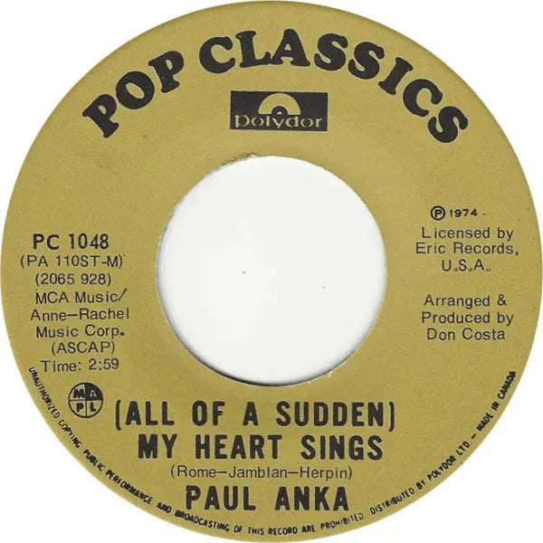 Paul Anka : (All Of A Sudden) My Heart Sings  / Crazy Love (7", RE)