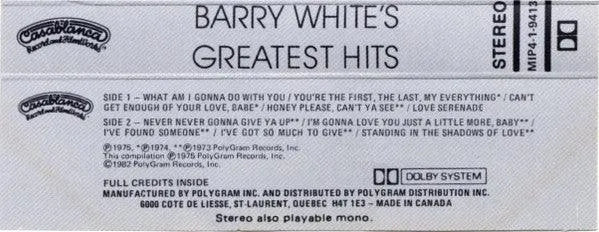 Barry White - Barry White's Greatest Hits (Cass, Comp, Dol) - 75music - Canada's Online Record Store