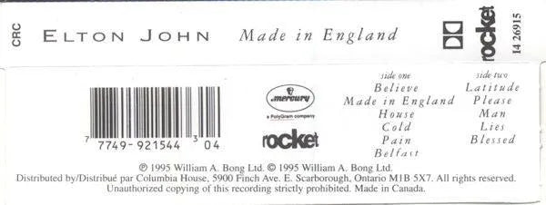 Elton John - Made In England (Cass, Album, Club, CRC) - 75music - Canada's Online Record Store