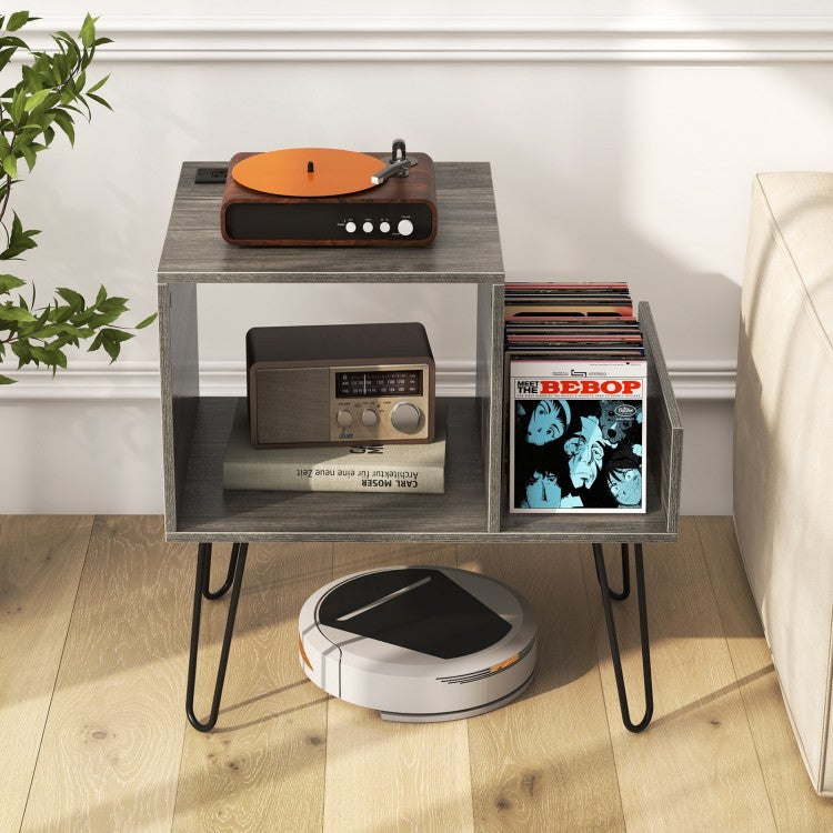 Mid-century Record Player Stand with Power Outlet and Vinyl Divider