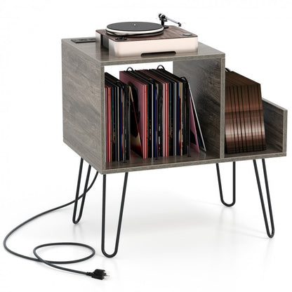 Mid-century Record Player Stand with Power Outlet and Vinyl Divider