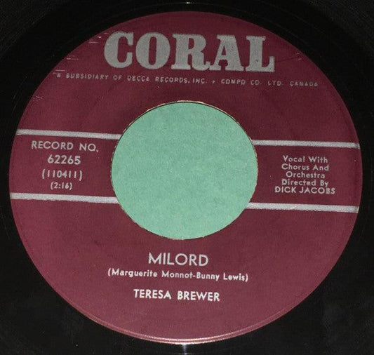 Teresa Brewer - Milord / I've Got My Fingers Crossed (7", Single) - 75music